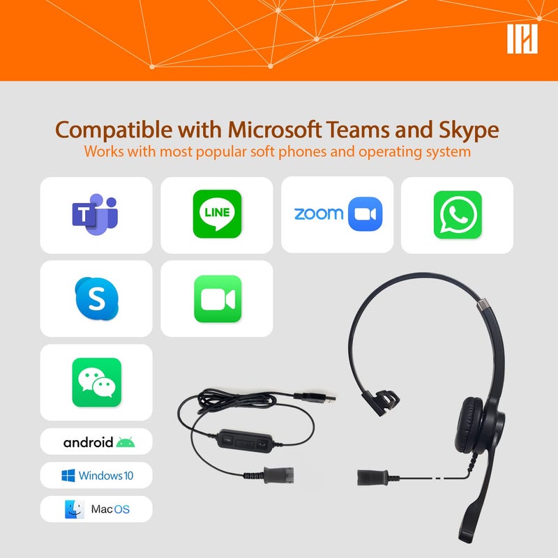 IPD IPH-250 USB Headset with Noise Cancelling Microphone for Office and Call cengter- Compatible with Skype, Microsoft Teams, Cisco Jabber, Avaya One-X and Other Soft Phones - Image 2